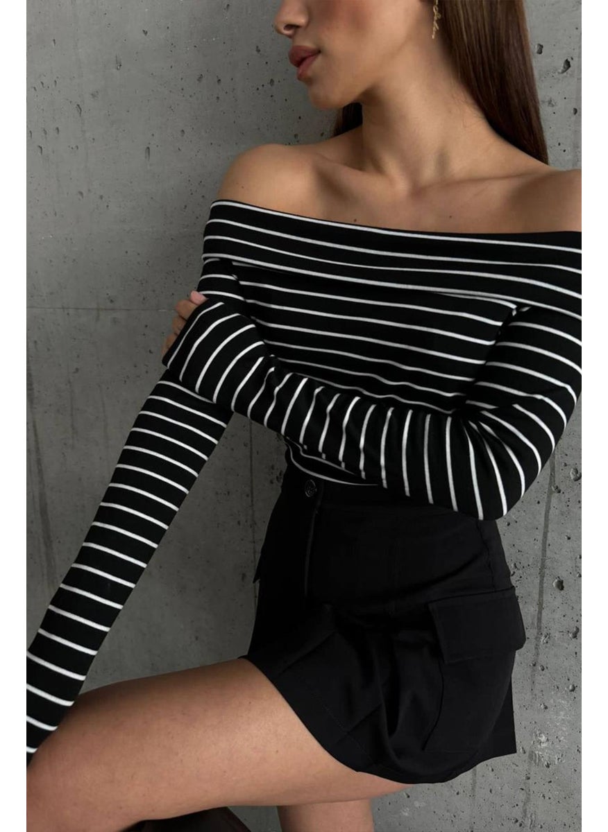 Women's Black Madonna Collar Striped Blouse