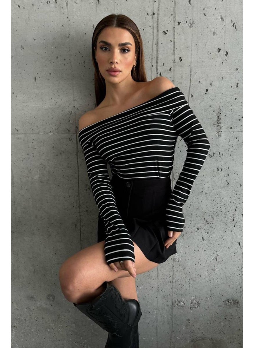 Women's Black Madonna Collar Striped Blouse
