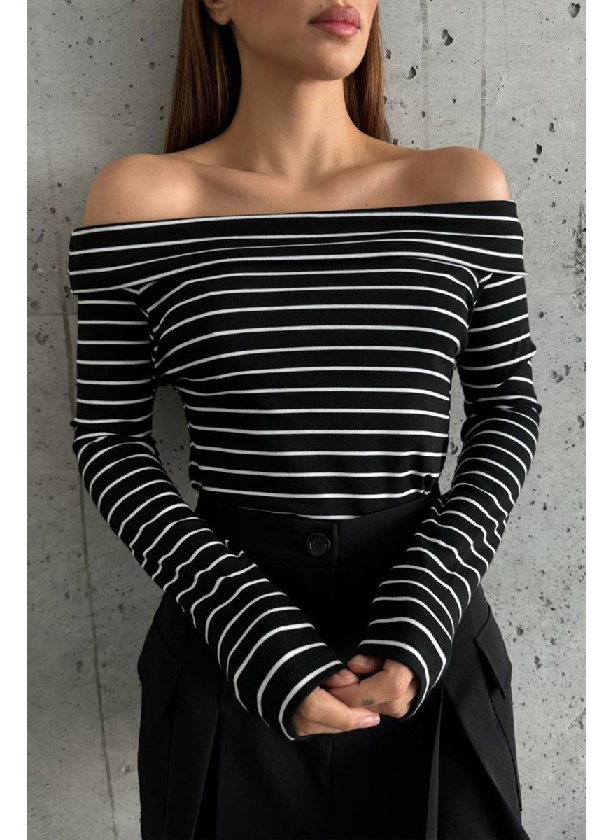 Women's Black Madonna Collar Striped Blouse
