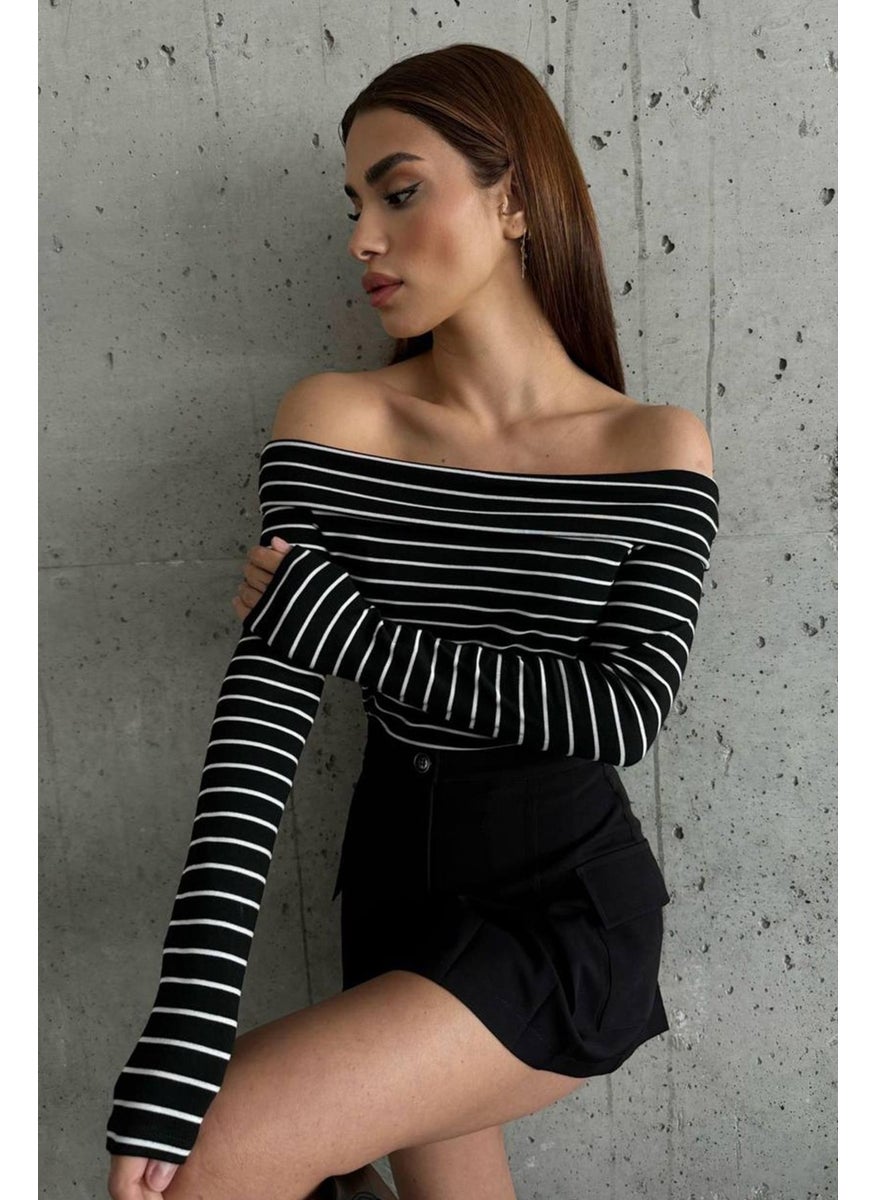 Women's Black Madonna Collar Striped Blouse