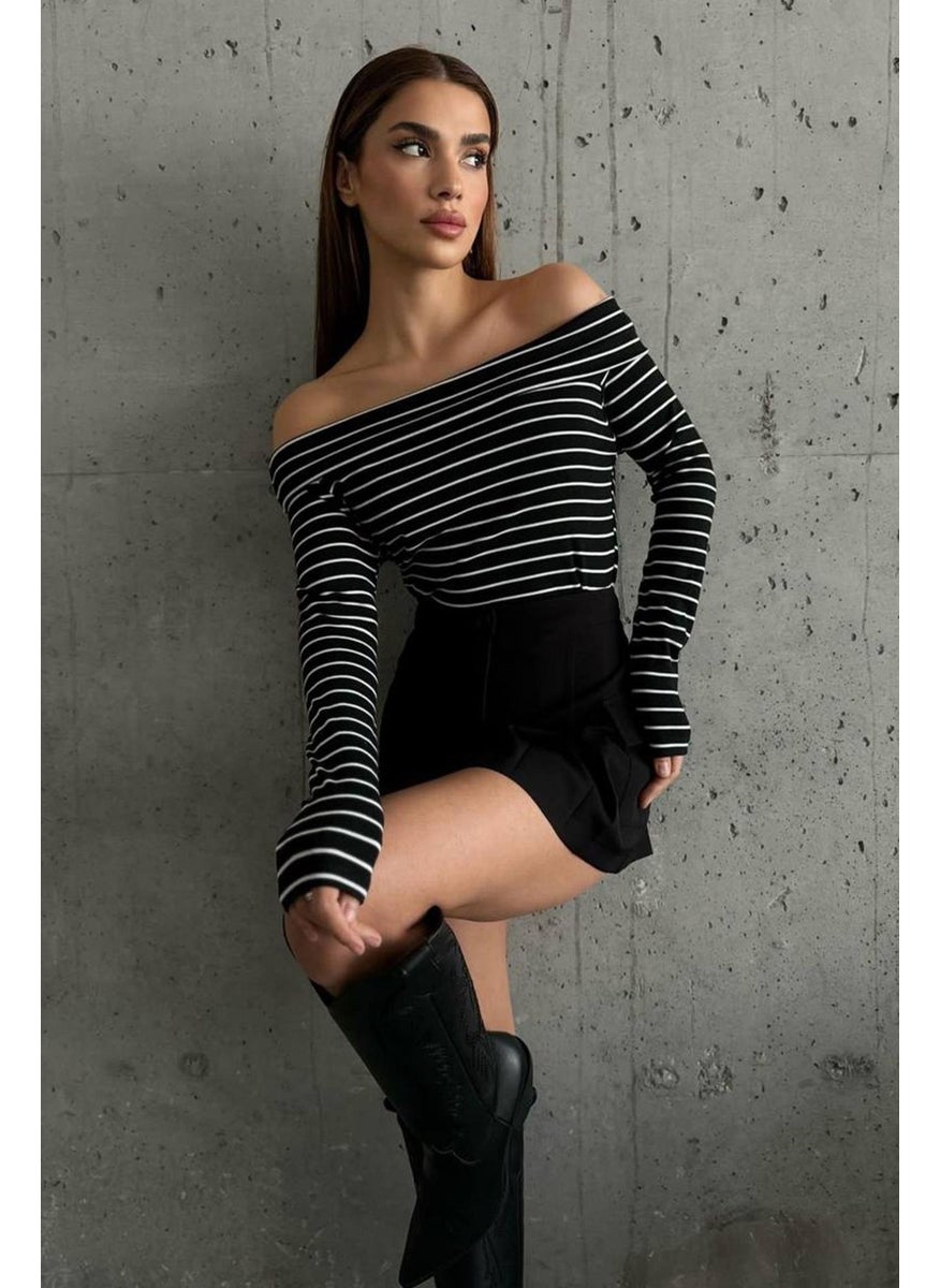 Women's Black Madonna Collar Striped Blouse