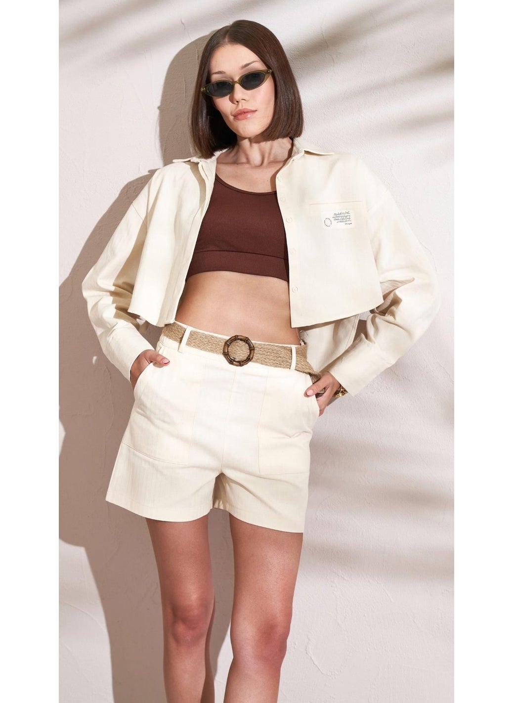 Women's Natural Back Buttoned Pocket Label Detailed Gabardine Fabric Shirt