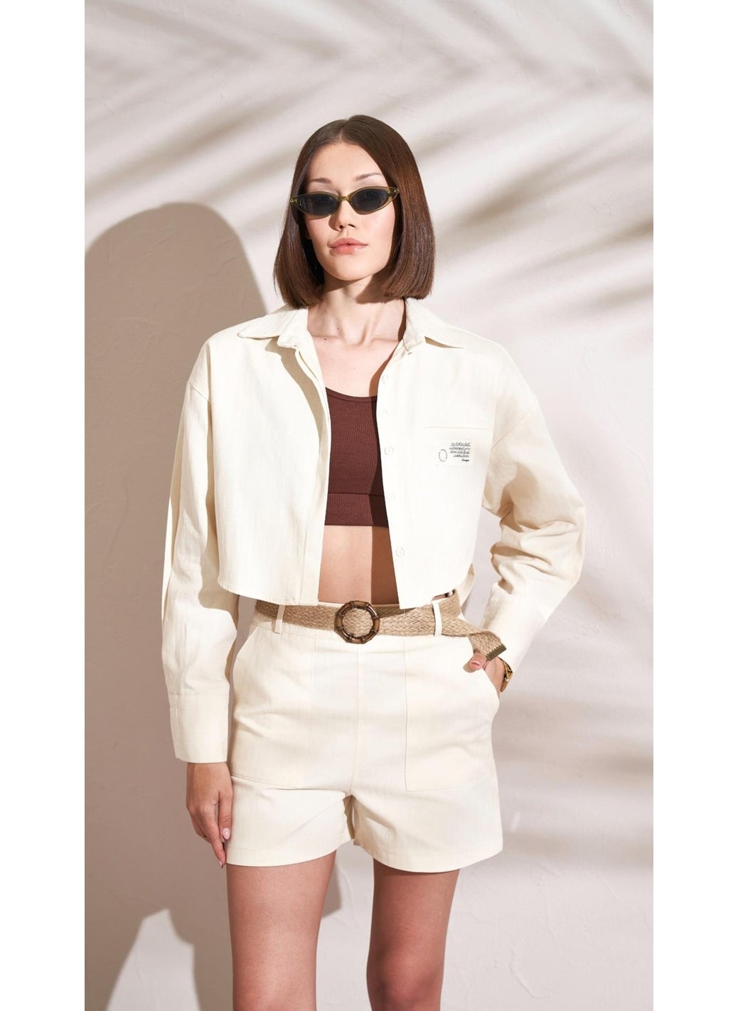 Women's Natural Back Buttoned Pocket Label Detailed Gabardine Fabric Shirt