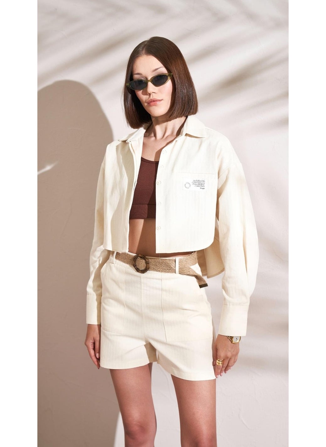 Women's Natural Back Buttoned Pocket Label Detailed Gabardine Fabric Shirt