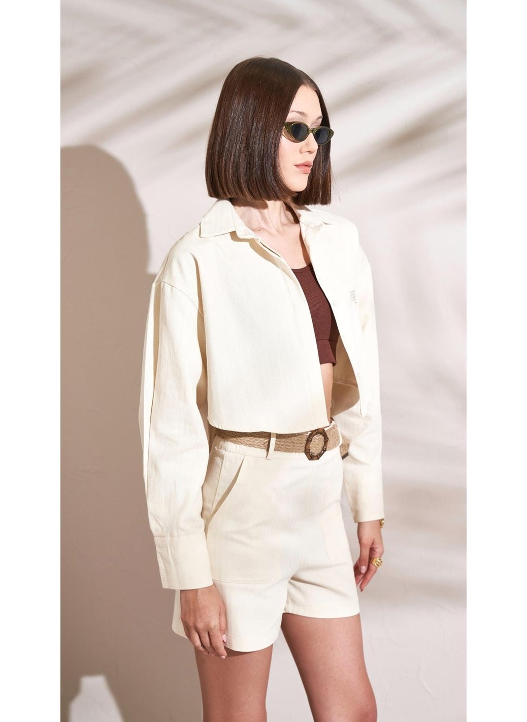 Women's Natural Back Buttoned Pocket Label Detailed Gabardine Fabric Shirt