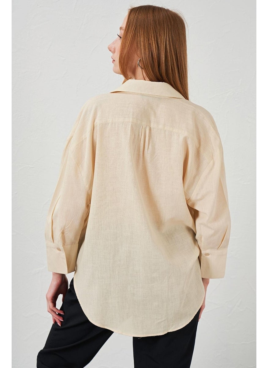 Women's Stone Elbow Sleeve Back Long Comfortable Fit Linen Shirt