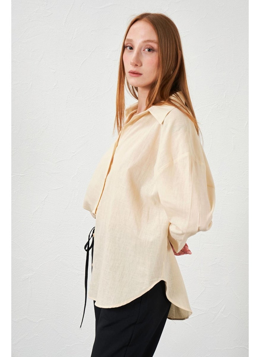 Women's Stone Elbow Sleeve Back Long Comfortable Fit Linen Shirt