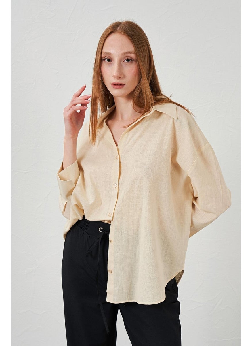 Women's Stone Elbow Sleeve Back Long Comfortable Fit Linen Shirt