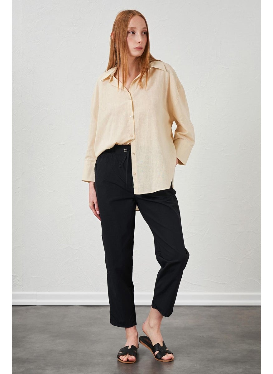 Women's Stone Elbow Sleeve Back Long Comfortable Fit Linen Shirt