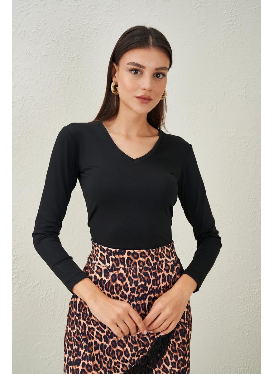 Women's Black V-Neck Scuba Fabric Crop Blouse