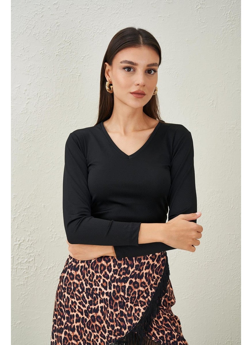Women's Black V-Neck Scuba Fabric Crop Blouse