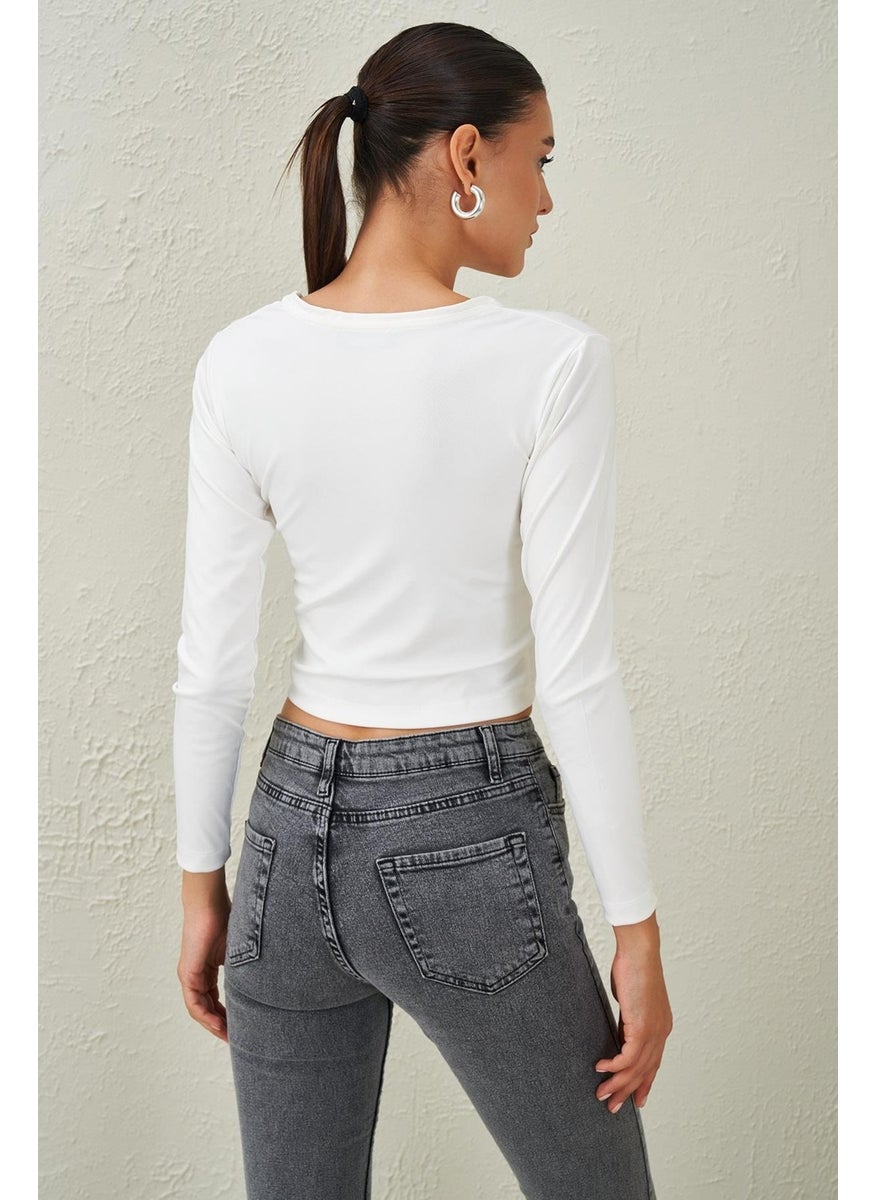 Women's Ecru V-Neck Scuba Fabric Crop Blouse