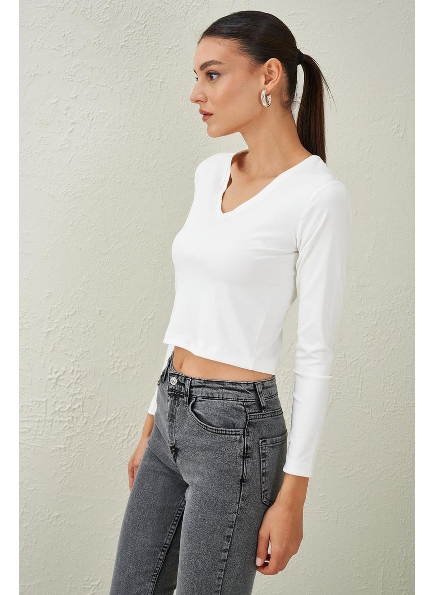 Women's Ecru V-Neck Scuba Fabric Crop Blouse