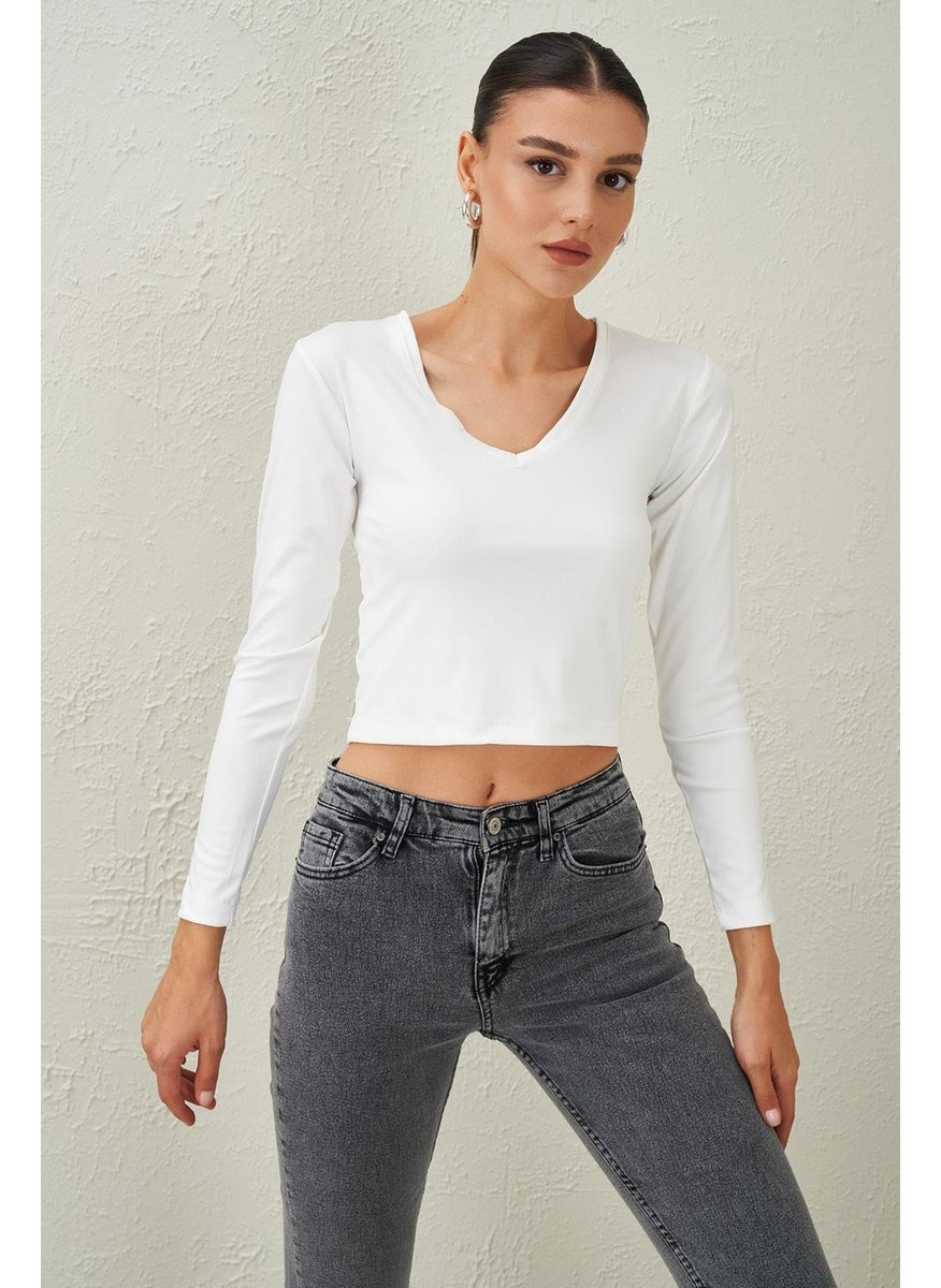 Women's Ecru V-Neck Scuba Fabric Crop Blouse
