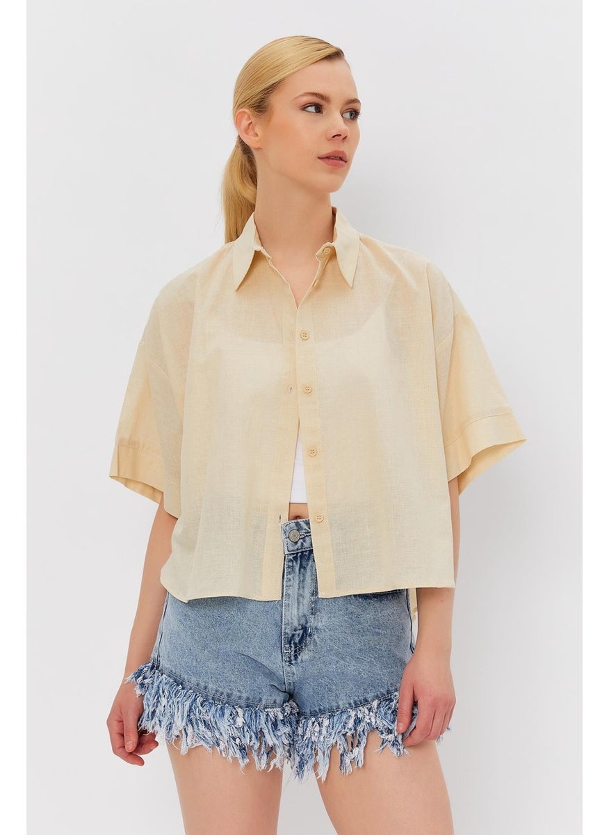 Women's Stone Short Sleeve Long Back Comfortable Linen Shirt