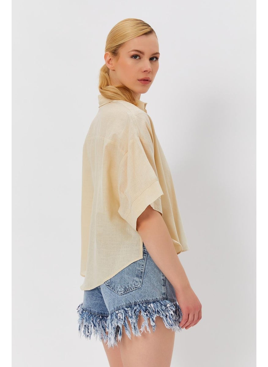 Women's Stone Short Sleeve Long Back Comfortable Linen Shirt