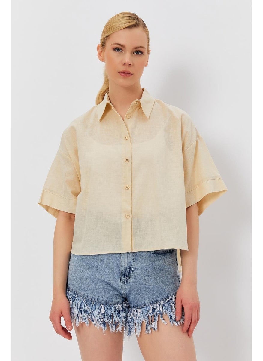 Women's Stone Short Sleeve Long Back Comfortable Linen Shirt