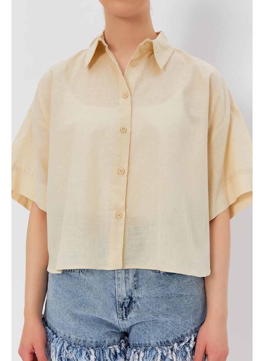 Women's Stone Short Sleeve Long Back Comfortable Linen Shirt
