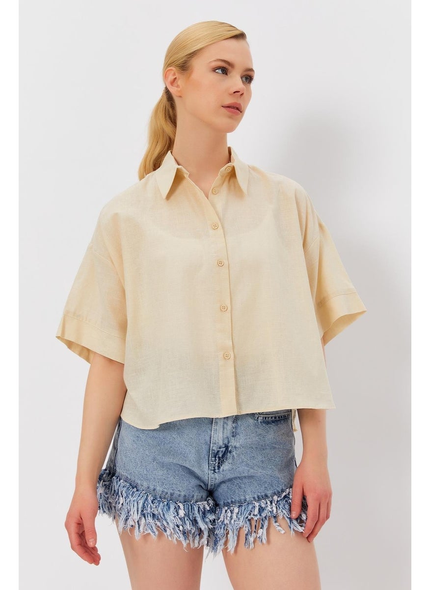 Women's Stone Short Sleeve Long Back Comfortable Linen Shirt