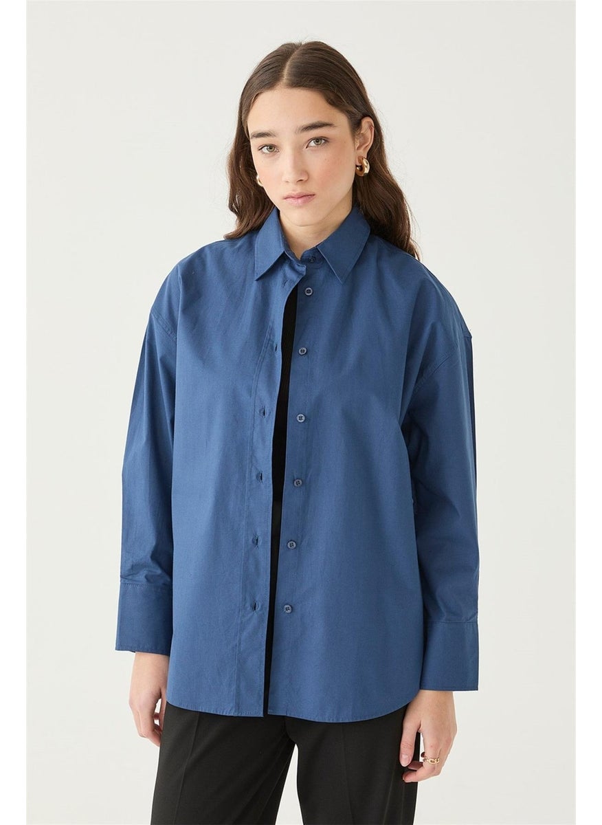 Women's Indigo Oversize Poplin Shirt, Short in the Front and Long in the Back