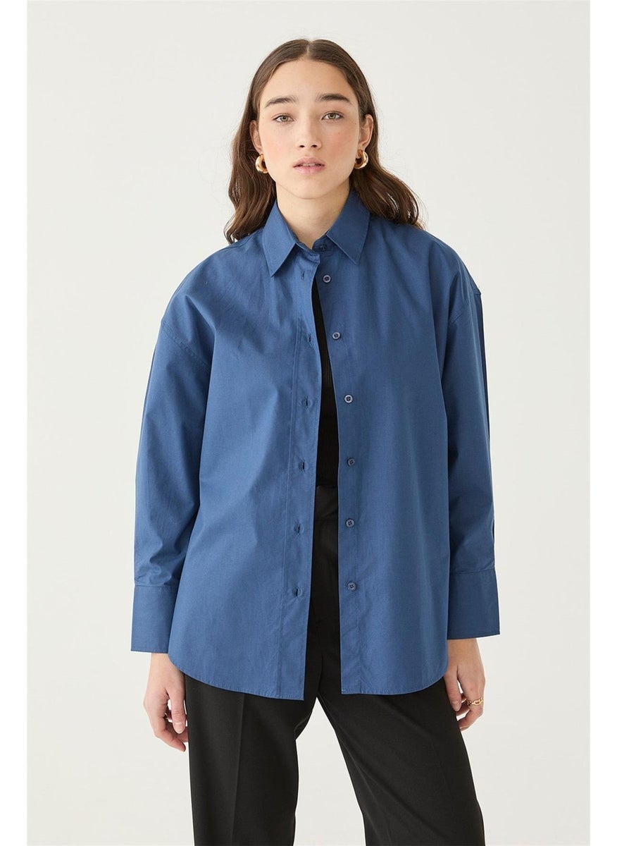 Women's Indigo Oversize Poplin Shirt, Short in the Front and Long in the Back
