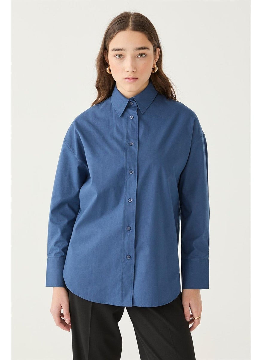 Women's Indigo Oversize Poplin Shirt, Short in the Front and Long in the Back