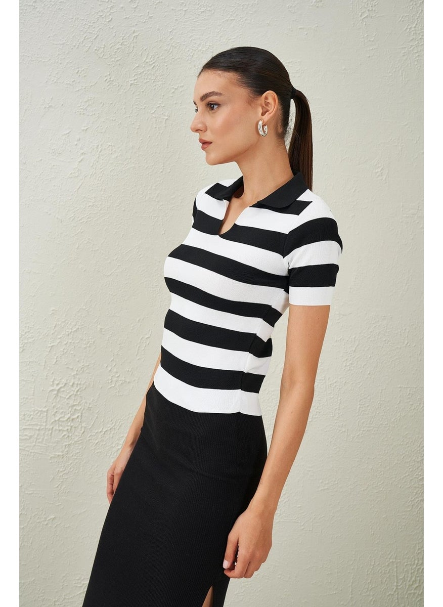 Women's Black-White Shirt Collar Short Sleeve Knitwear Blouse