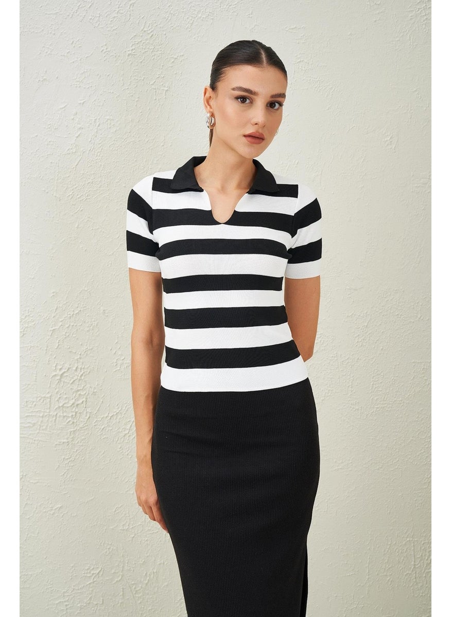 Women's Black-White Shirt Collar Short Sleeve Knitwear Blouse