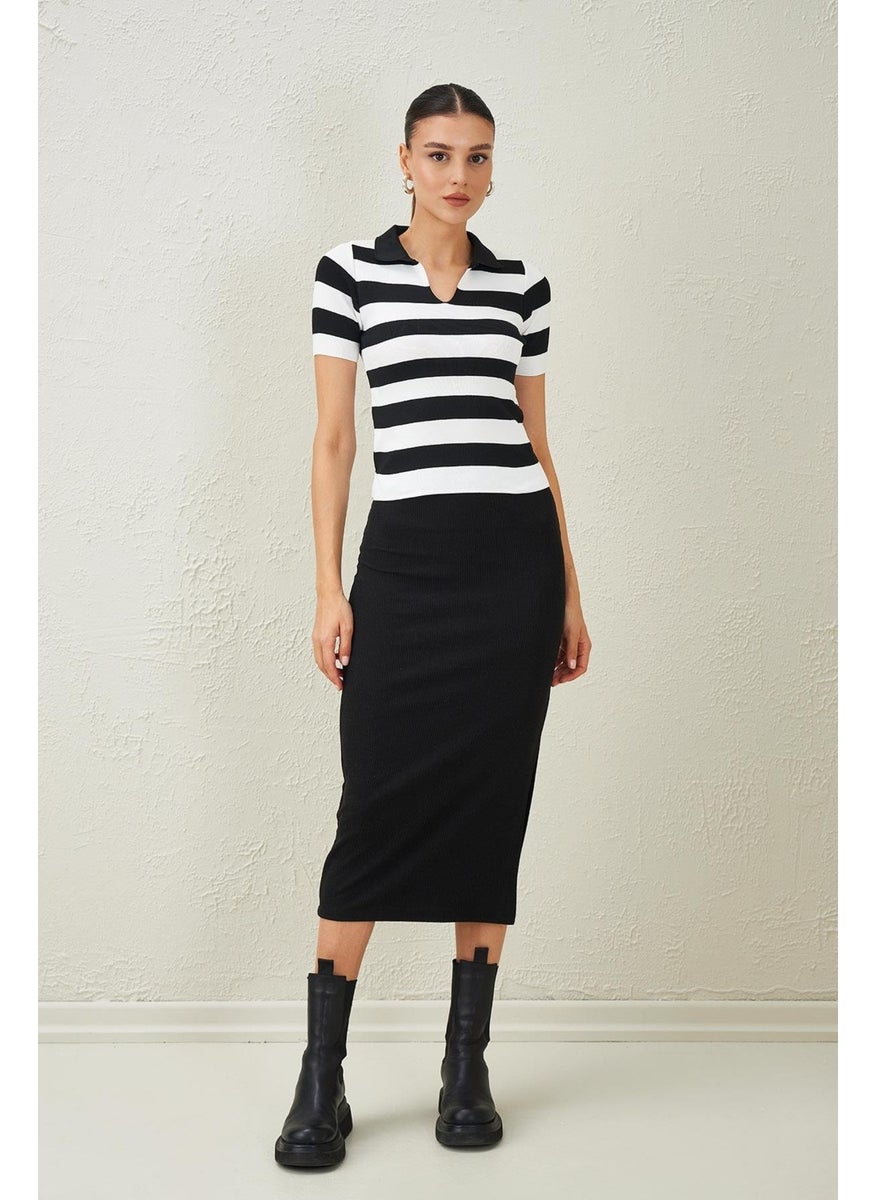 Women's Black-White Shirt Collar Short Sleeve Knitwear Blouse