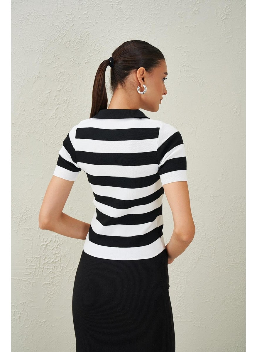 Women's Black-White Shirt Collar Short Sleeve Knitwear Blouse