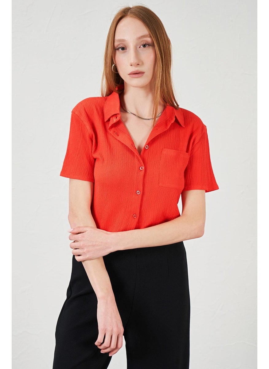 Women's Pomegranate Wrinkled Single Pocket Crop Shirt