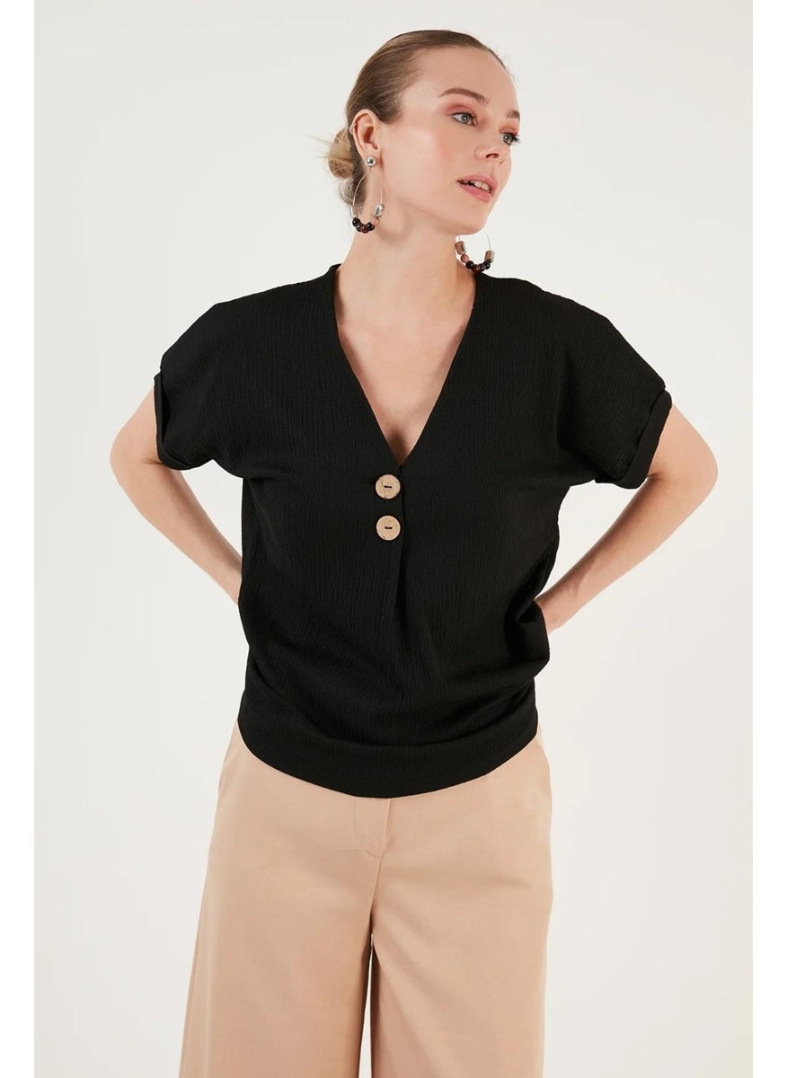 Women's Black Low Sleeve V Neck Button Detail Rushel Blouse