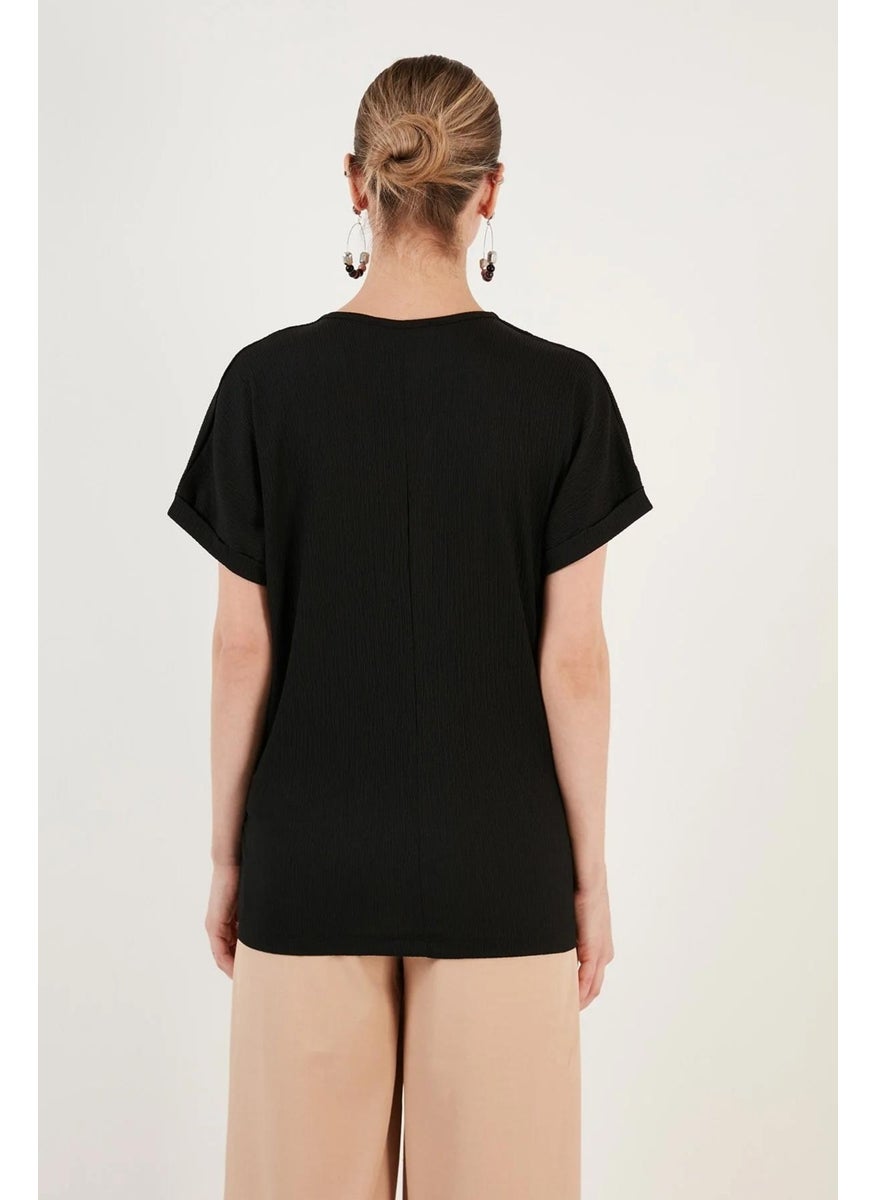 Women's Black Low Sleeve V Neck Button Detail Rushel Blouse