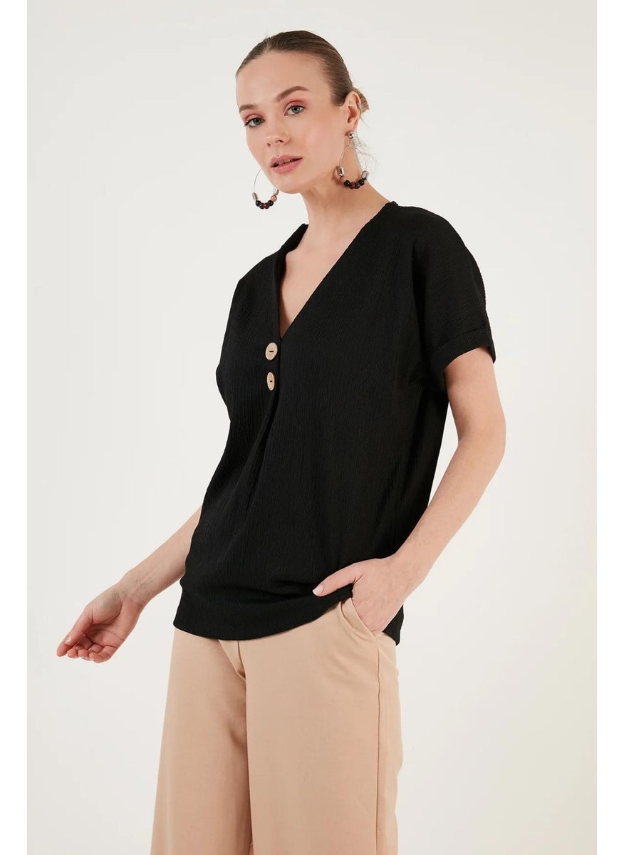 Women's Black Low Sleeve V Neck Button Detail Rushel Blouse