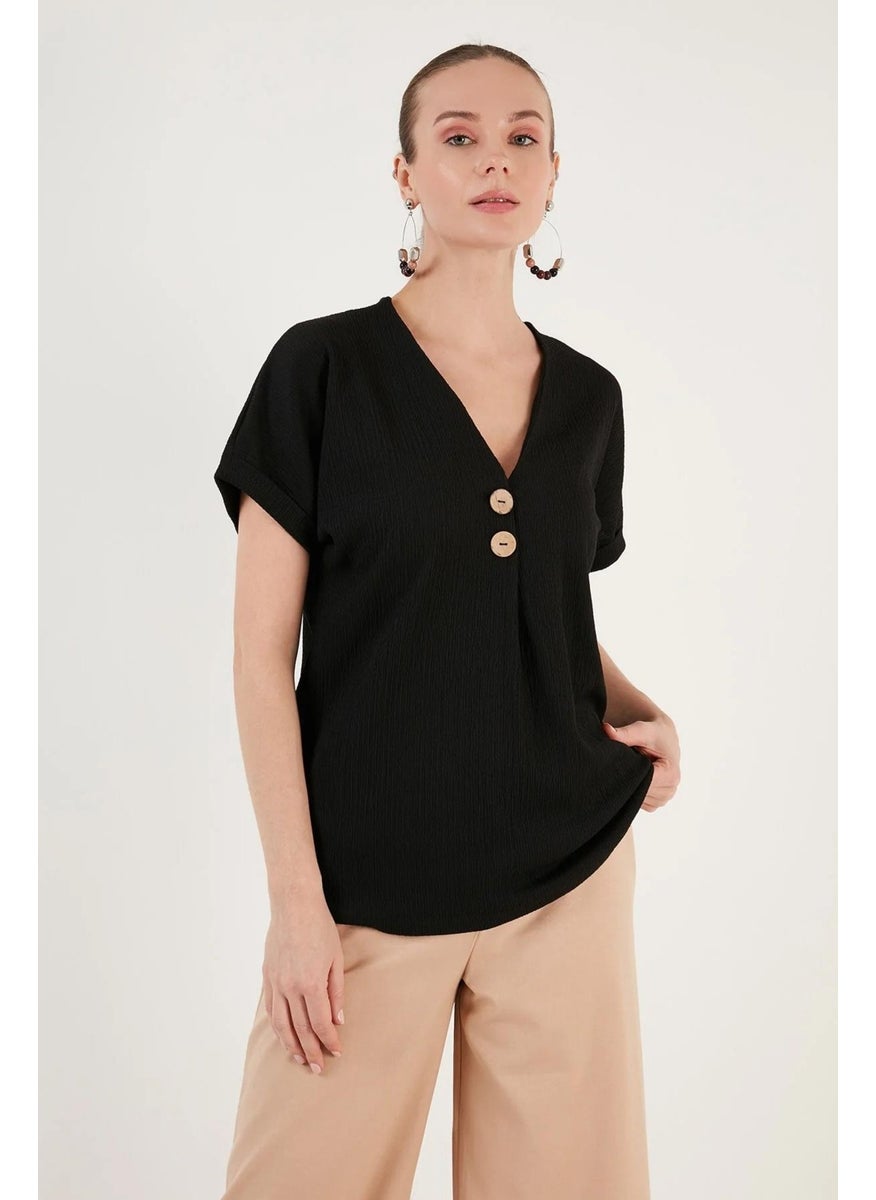 Women's Black Low Sleeve V Neck Button Detail Rushel Blouse