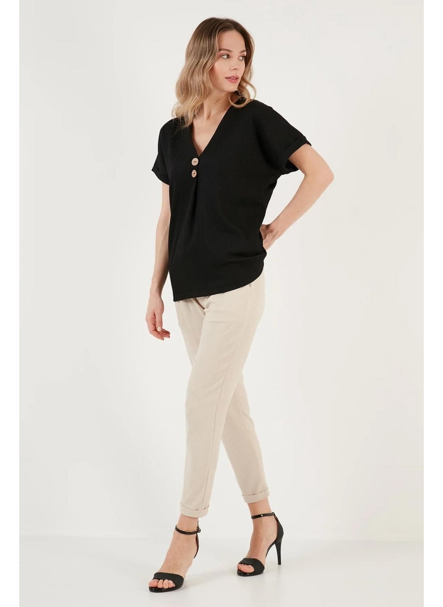 Women's Black Low Sleeve V Neck Button Detail Rushel Blouse