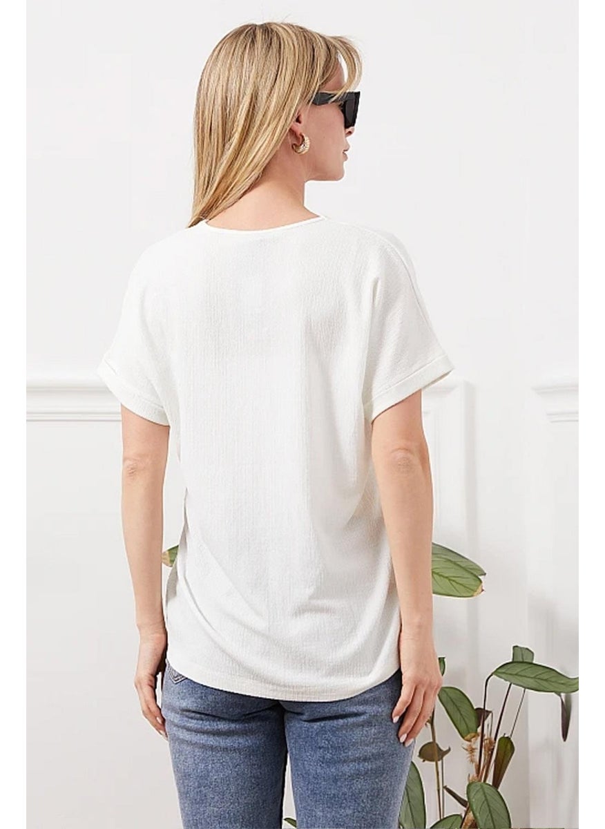 Women's Ecru Low Sleeve V Neck Button Detail Rushel Blouse