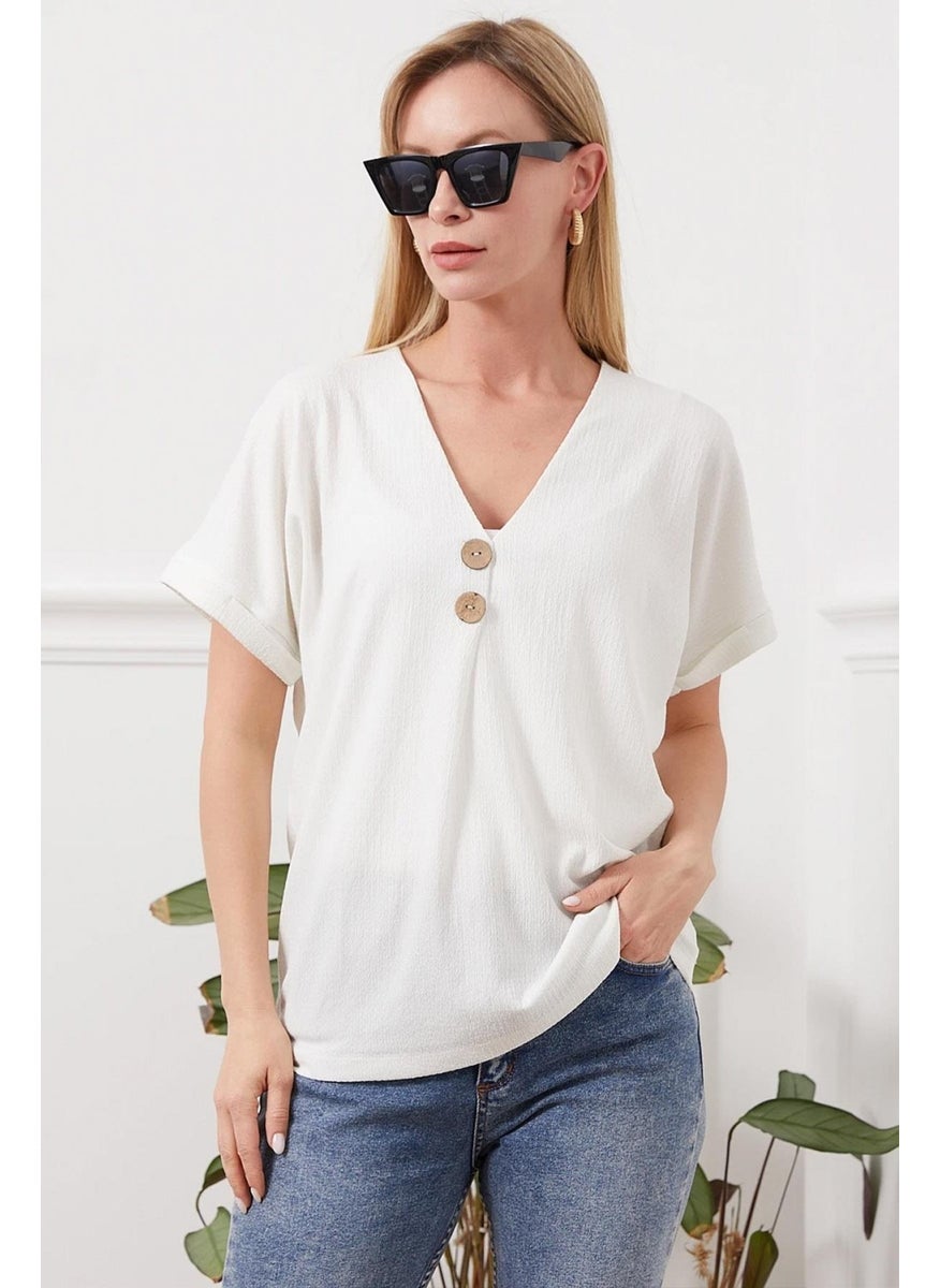 Women's Ecru Low Sleeve V Neck Button Detail Rushel Blouse