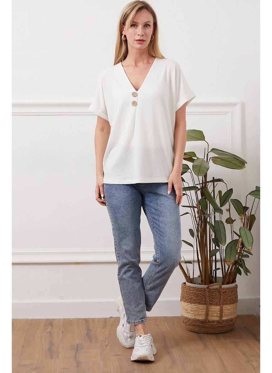 Women's Ecru Low Sleeve V Neck Button Detail Rushel Blouse