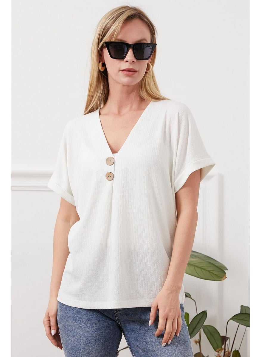 Women's Ecru Low Sleeve V Neck Button Detail Rushel Blouse