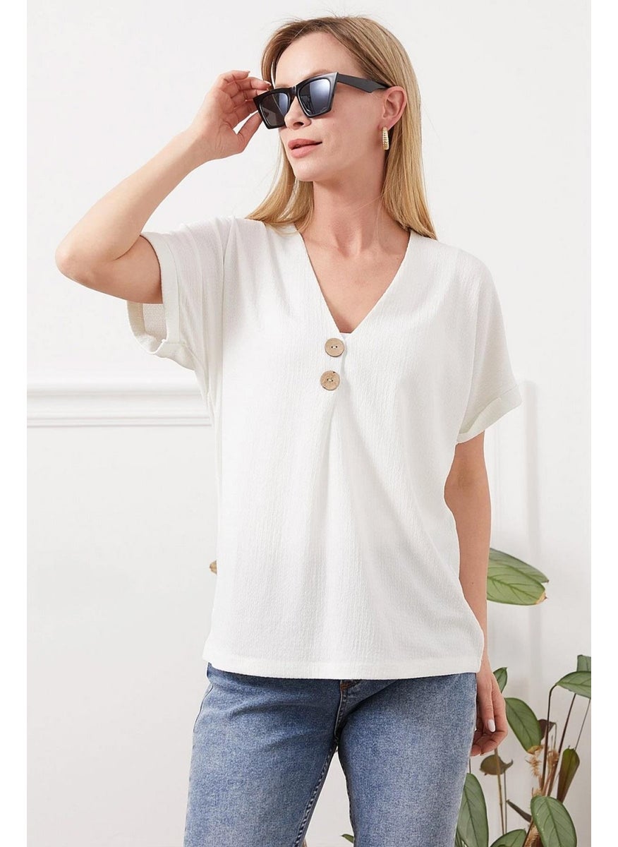 Women's Ecru Low Sleeve V Neck Button Detail Rushel Blouse