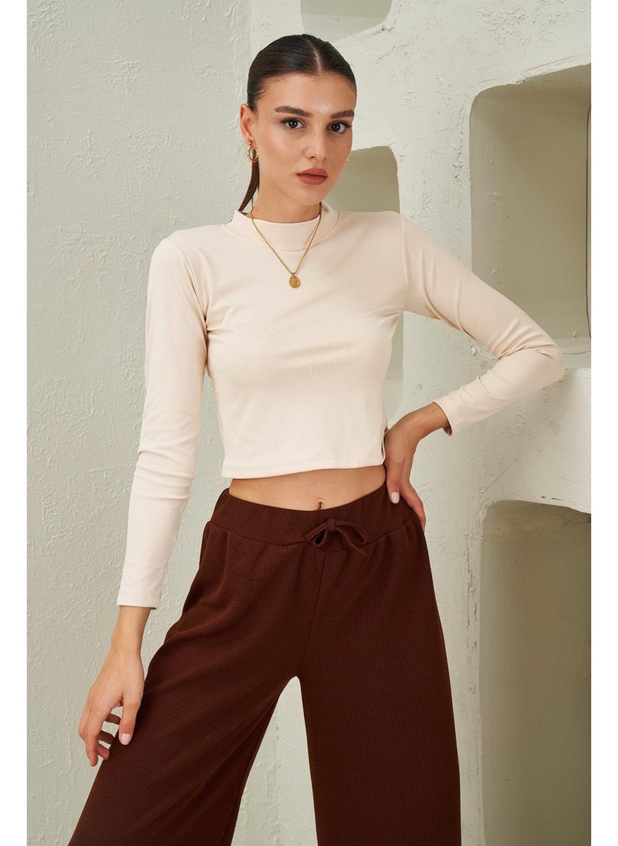Women's Stone High Collar Scuba Fabric Crop Blouse
