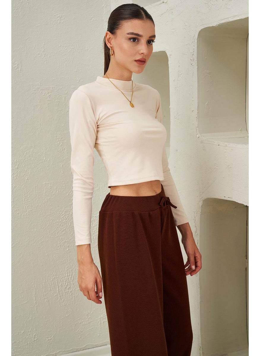 Women's Stone High Collar Scuba Fabric Crop Blouse