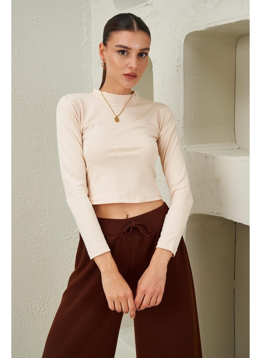 Women's Stone High Collar Scuba Fabric Crop Blouse