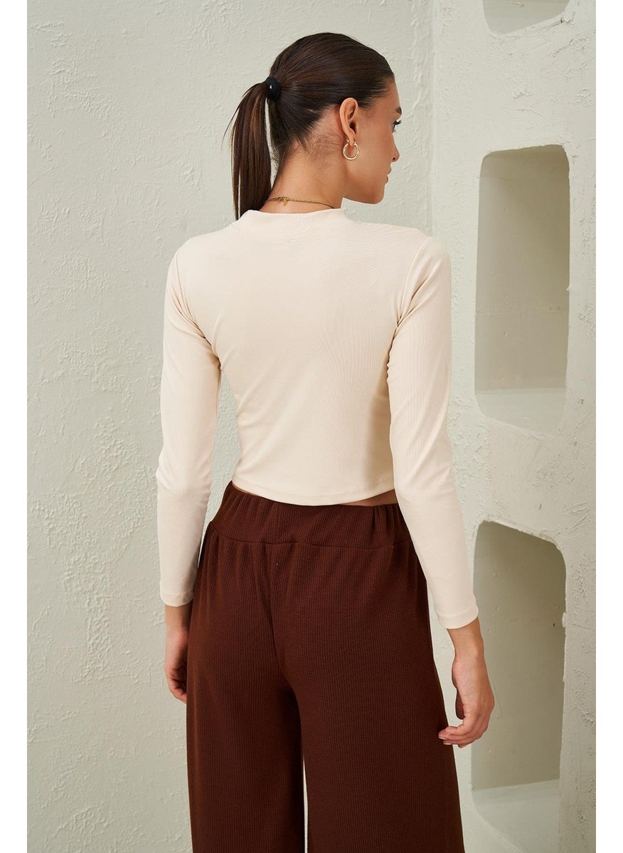 Women's Stone High Collar Scuba Fabric Crop Blouse