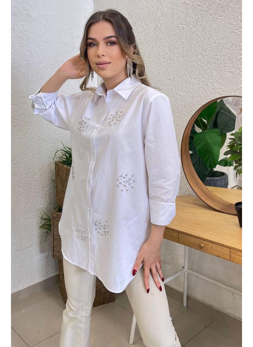 Women's White Oversize Shirt with Stones on the Front
