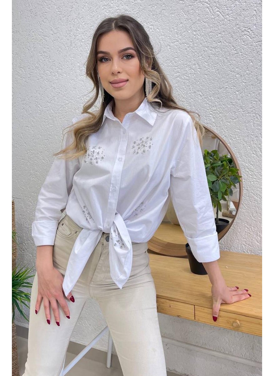 Women's White Oversize Shirt with Stones on the Front