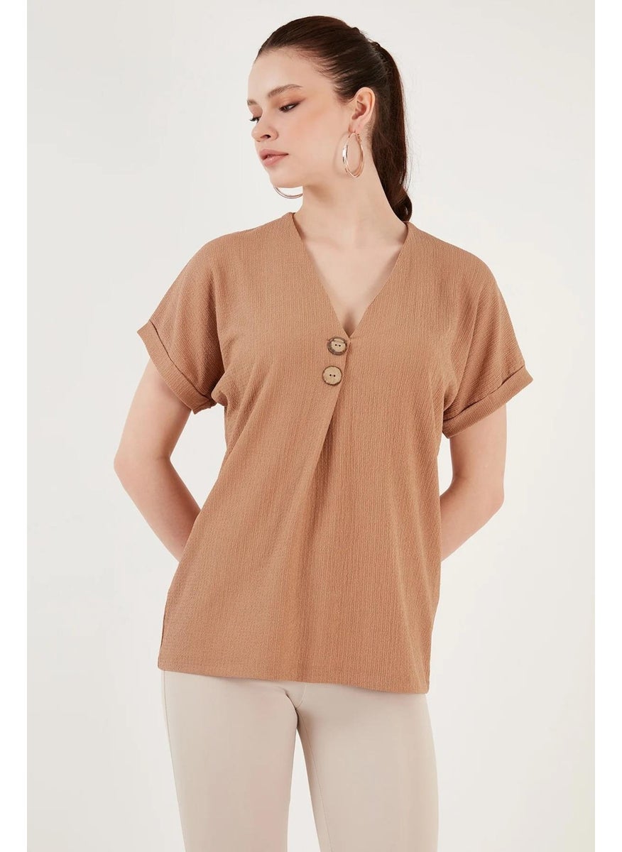 Women's Biscuit Low Sleeve V Neck Button Detail Rushel Blouse