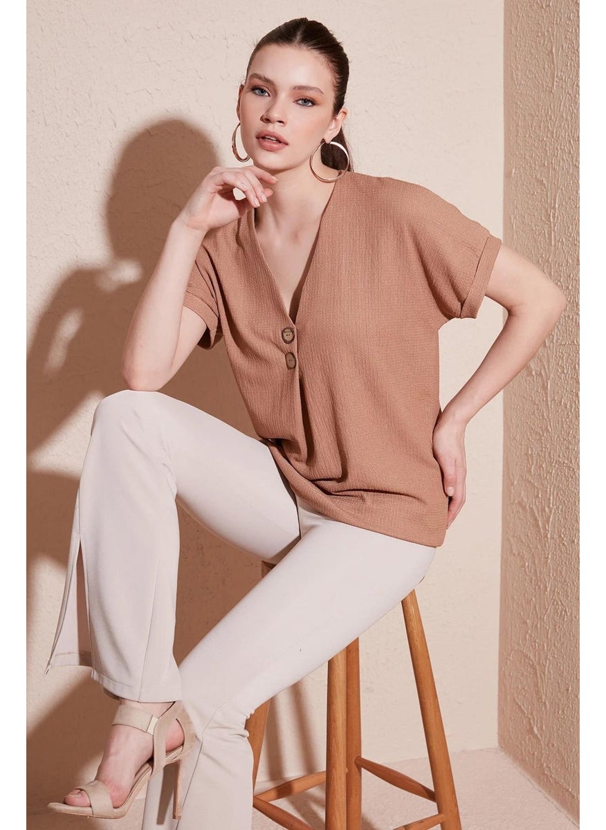 Women's Biscuit Low Sleeve V Neck Button Detail Rushel Blouse