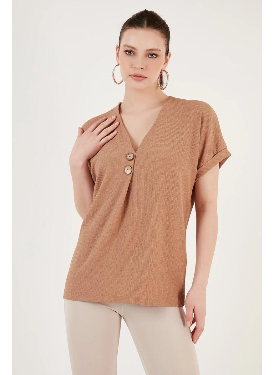 Women's Biscuit Low Sleeve V Neck Button Detail Rushel Blouse